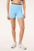 ELSHAM BOUTIQUE Stellar 5 inch bike shorts in Alaskan blue with a black high-rise waistband for training and running.
