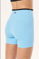 ELSHAM BOUTIQUE Stellar 5 inch bike shorts in Alaskan blue with a black high-rise waistband and logo detail
