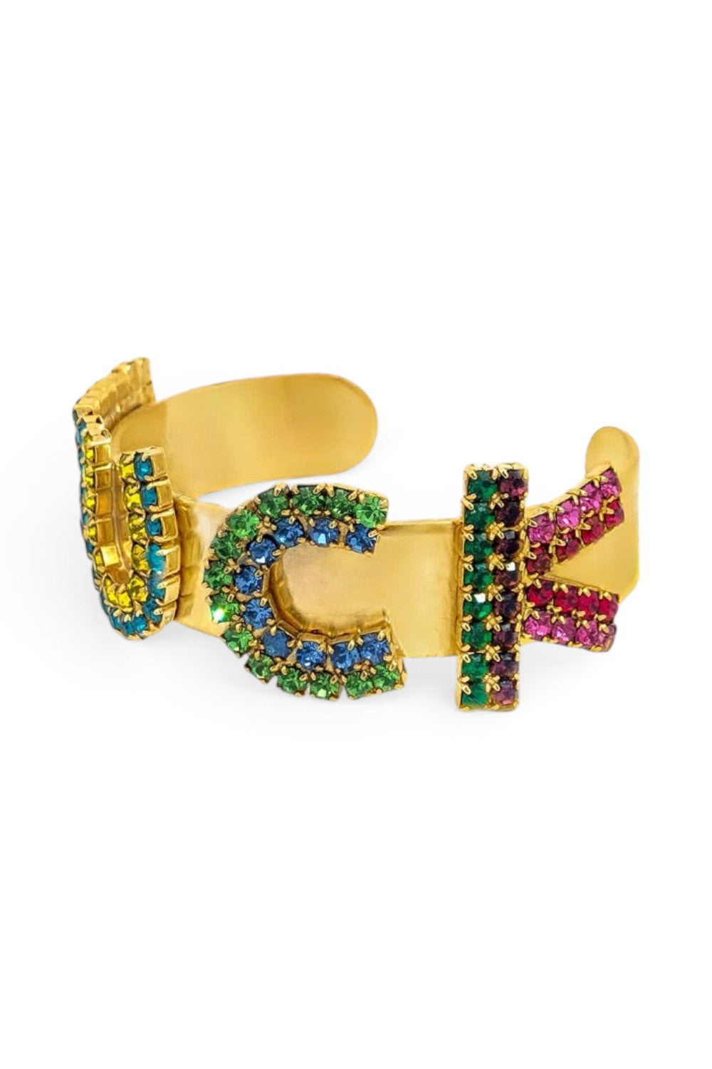 ELSHAM BOUTIQUE antique gold plated brass cuff bracelet featuring colorful crystal letters spelling out a slogan.