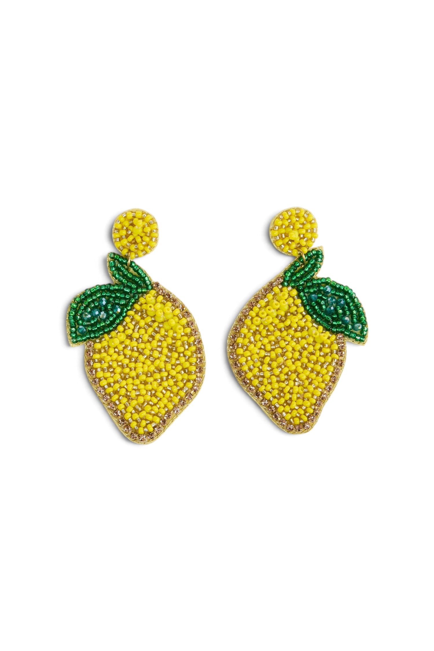 ELSHAM BOUTIQUE hand-beaded lemon statement earrings with vibrant yellow glass beads and green leaf detail.