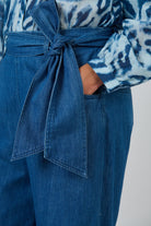 ELSHAM BOUTIQUE GA741 high-waisted chambray denim Bermuda shorts with a self-tie belt and side pocket detail.
