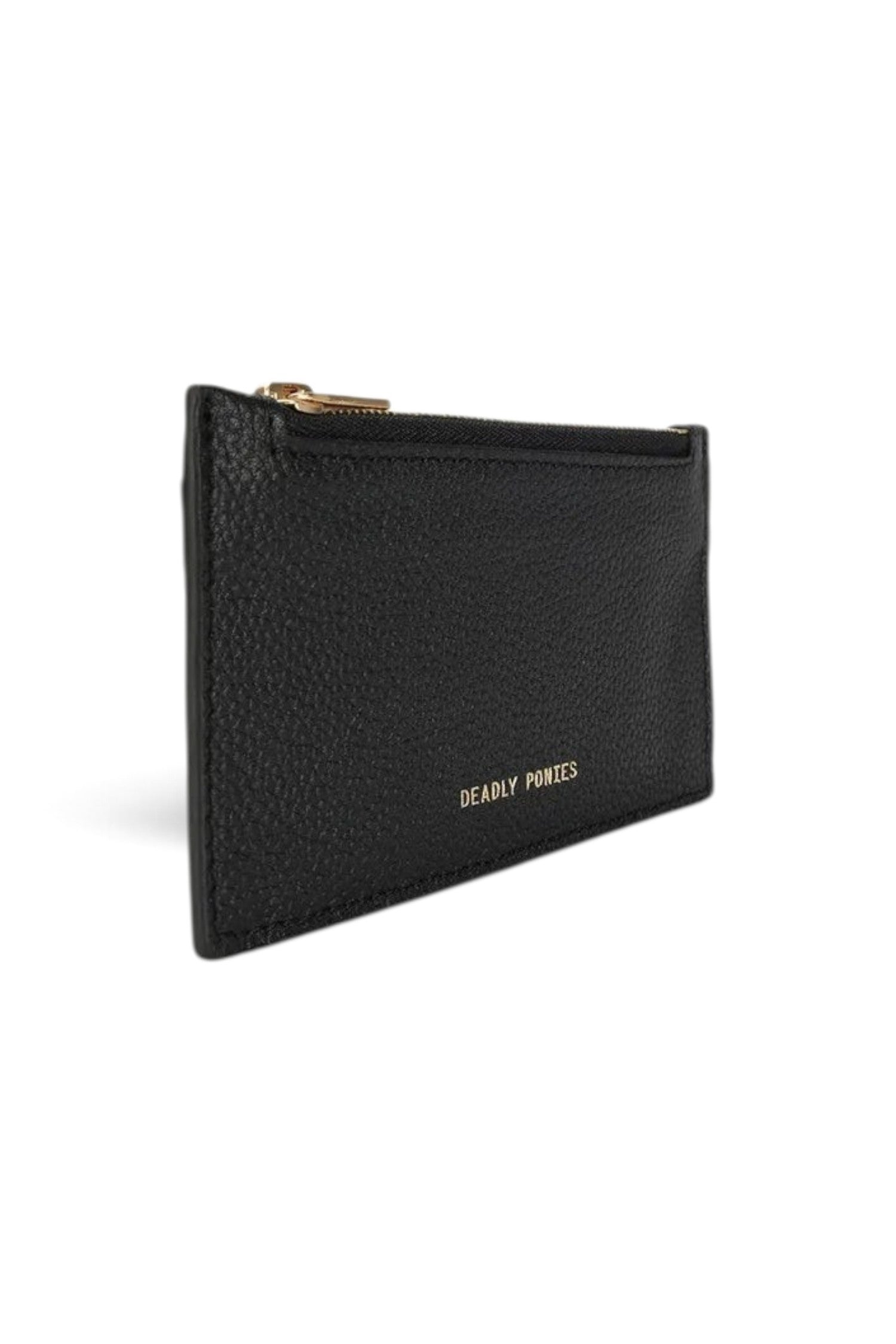 ELSHAM BOUTIQUE black grained calf leather zip card holder with brass hardware and gold logo embossment