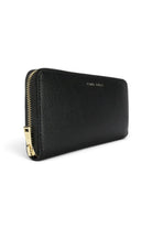 ELSHAM BOUTIQUE black grained calf leather maxi wallet with brass zip closure and gold foil logo detail