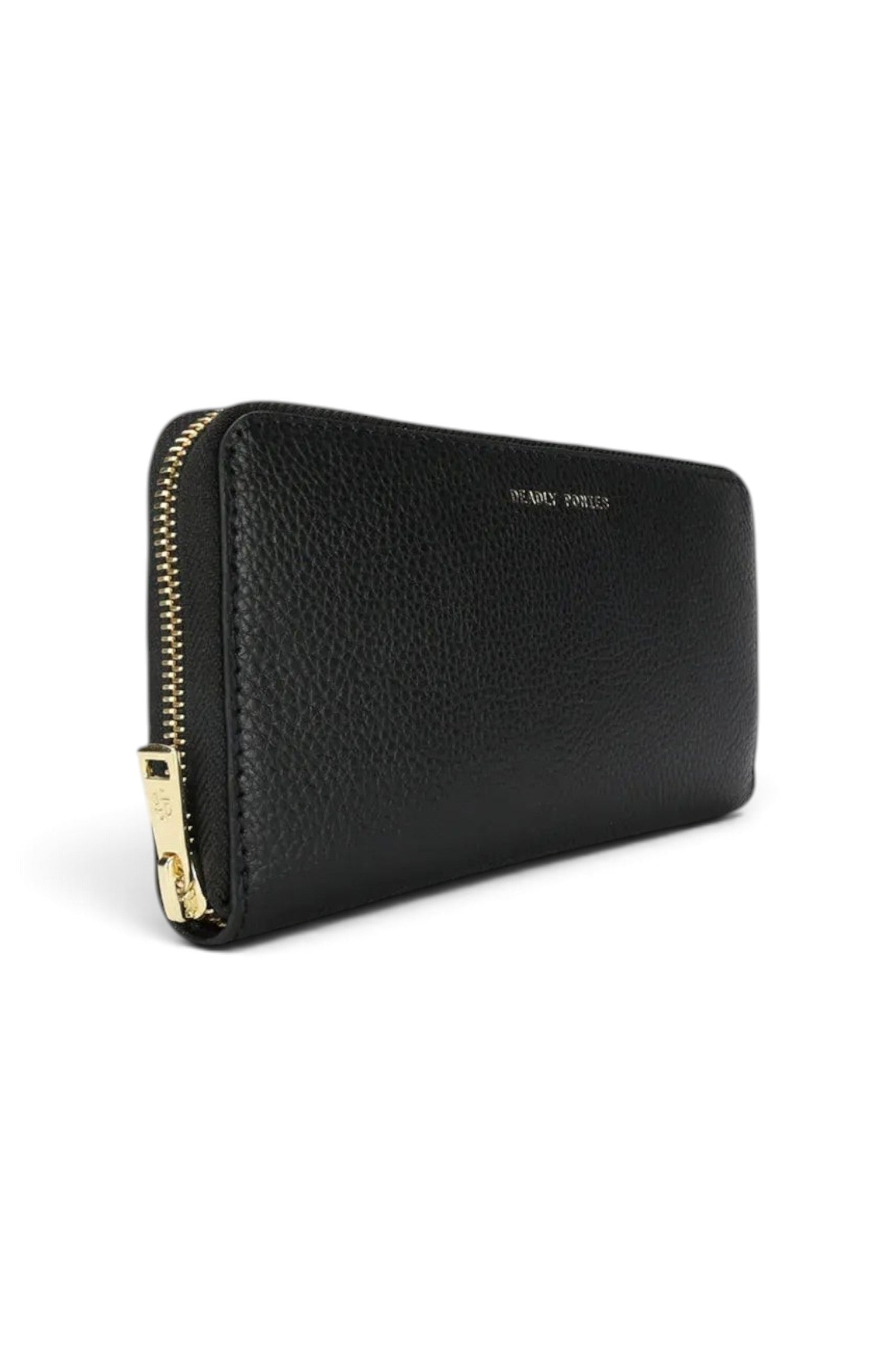 ELSHAM BOUTIQUE black grained calf leather maxi wallet with brass zip closure and gold foil logo detail
