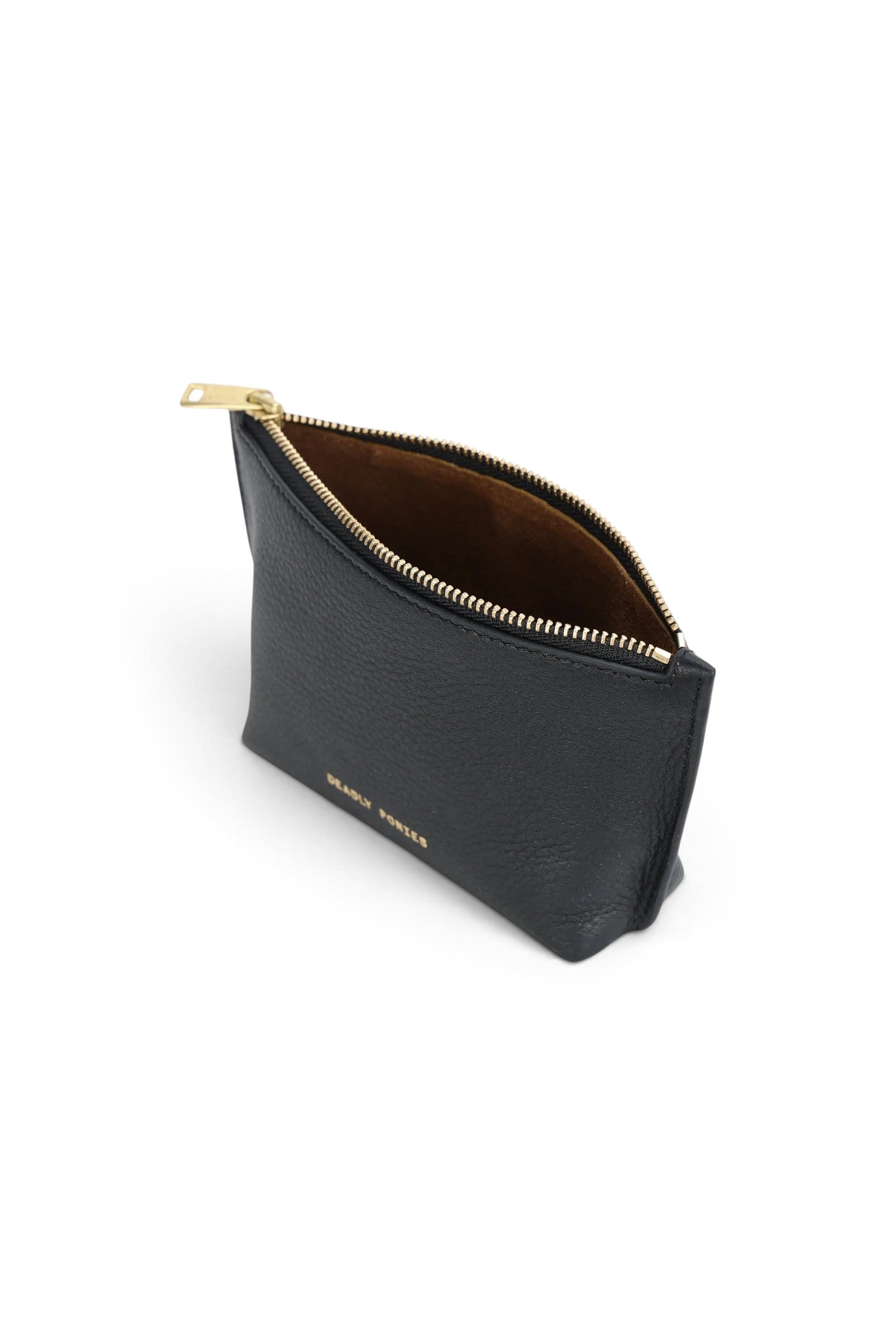 ELSHAM BOUTIQUE black calf nappa leather mini pouch with brass zip closure and suede interior lining