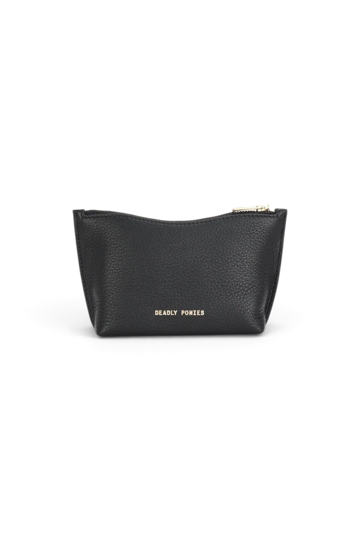 ELSHAM BOUTIQUE black calf nappa leather mini pouch with gold brass zip closure and foil logo embossment