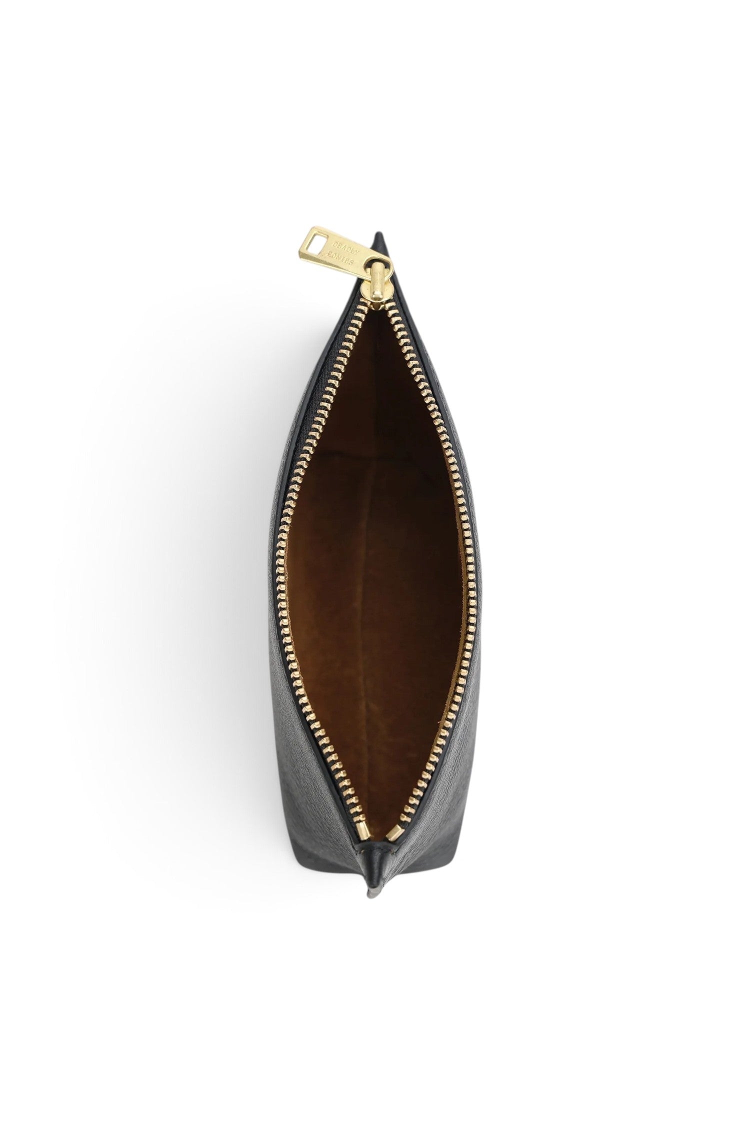 ELSHAM BOUTIQUE black calf nappa leather mini pouch with brass zip closure and brown suede interior