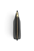 ELSHAM BOUTIQUE black calf nappa leather mini poucher with gold brass zip closure, top-down view.