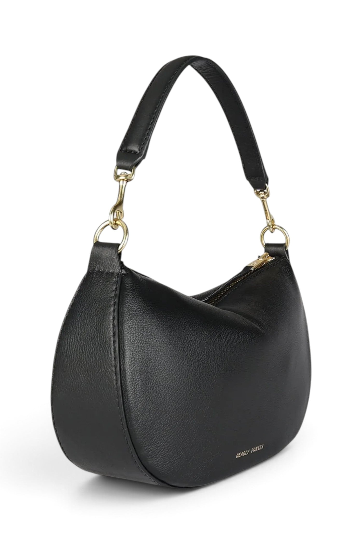 ELSHAM BOUTIQUE black calf nappa leather mini sling bag with brass hardware, detachable handle, and zip closure.