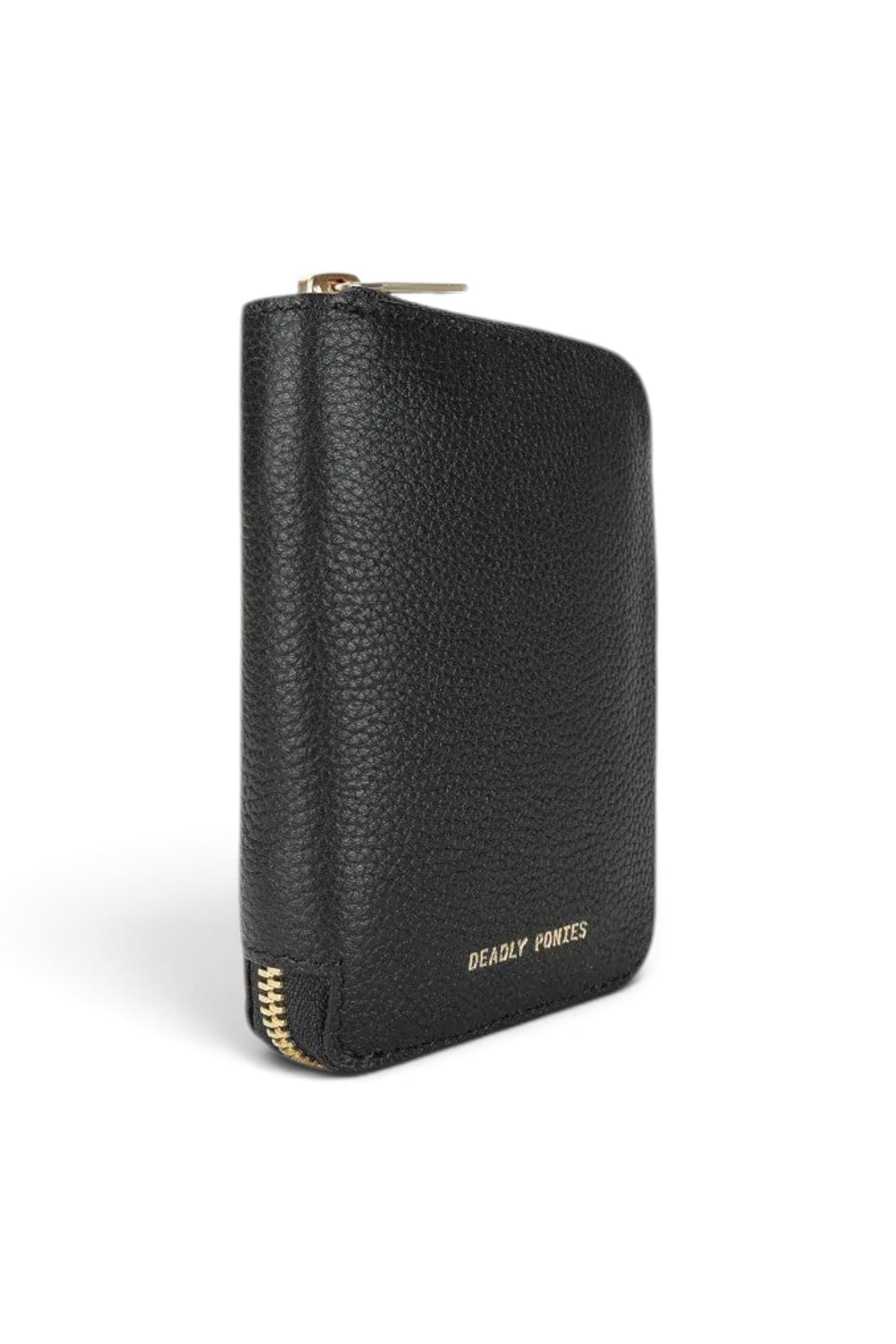 ELSHAM BOUTIQUE black grained calf leather mini wallet with brass zip closure and gold logo embossment