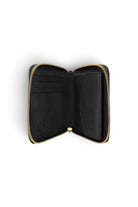 ELSHAM BOUTIQUE black grained calf leather mini wallet with brass zip closure, card slots, and coin pocket interior.