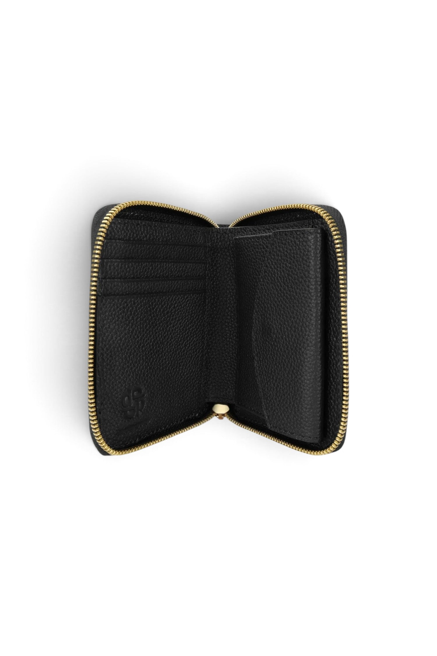ELSHAM BOUTIQUE black grained calf leather mini wallet with brass zip closure, card slots, and coin pocket interior.