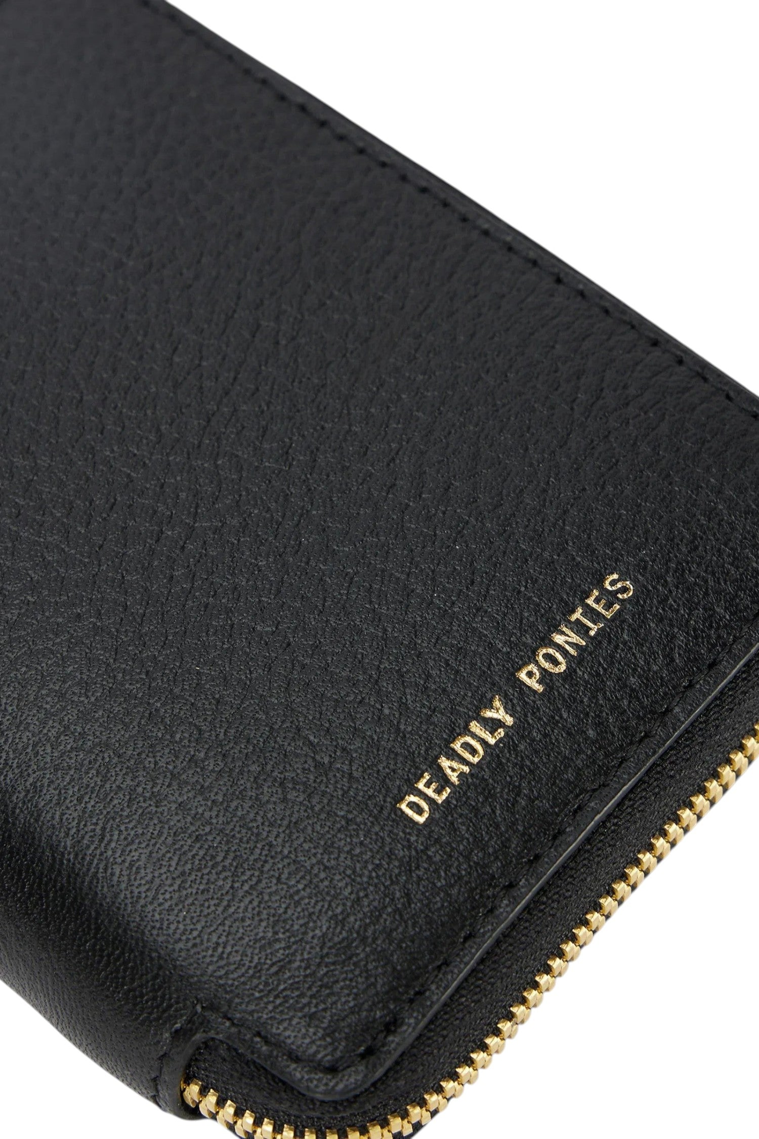 ELSHAM BOUTIQUE black grained calf leather mini wallet with brass zip closure and gold foil logo embossment