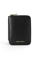 ELSHAM BOUTIQUE black grained calf leather mini wallet with brass zip closure and gold logo embossment.
