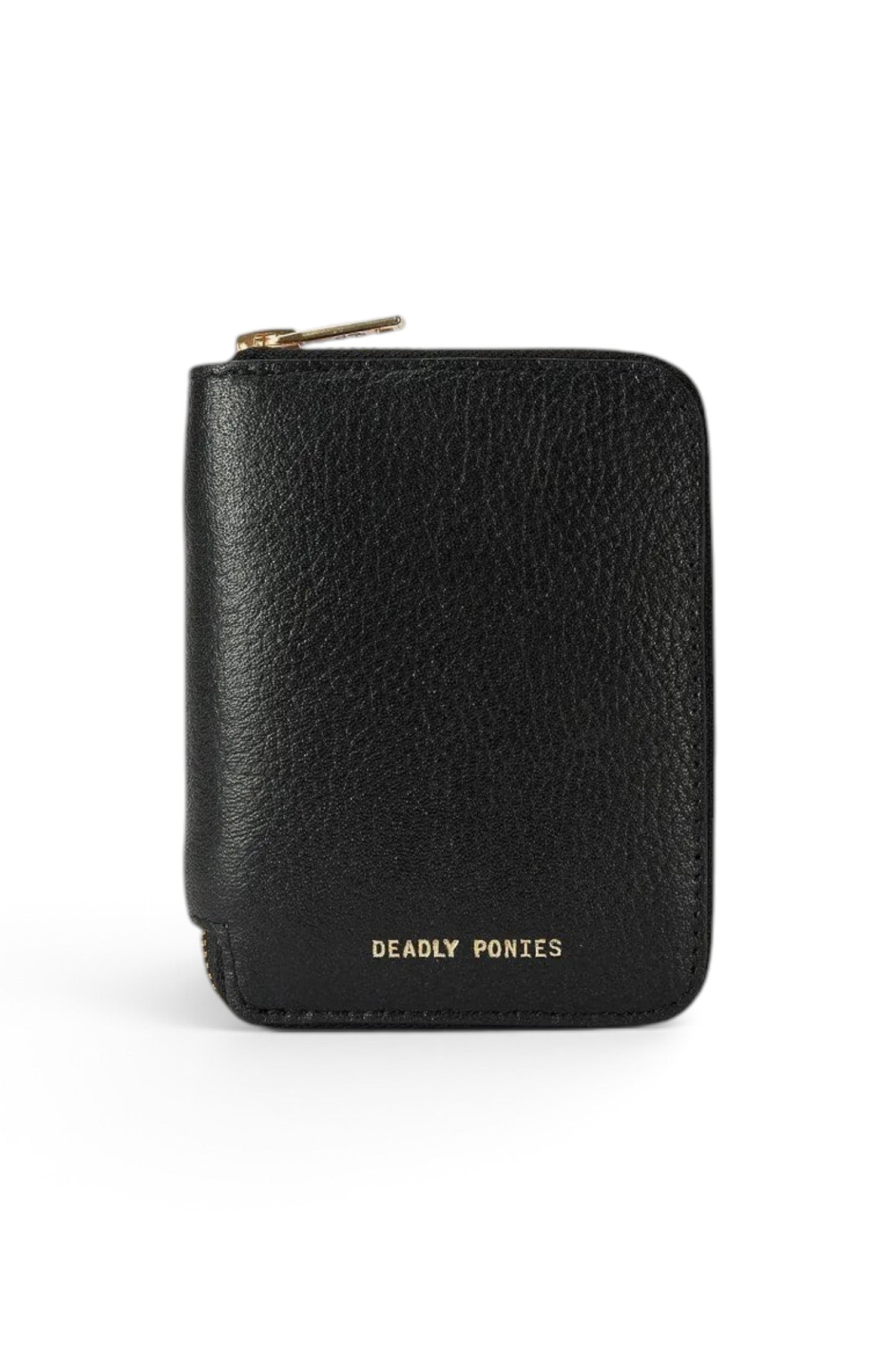 ELSHAM BOUTIQUE black grained calf leather mini wallet with brass zip closure and gold logo embossment.