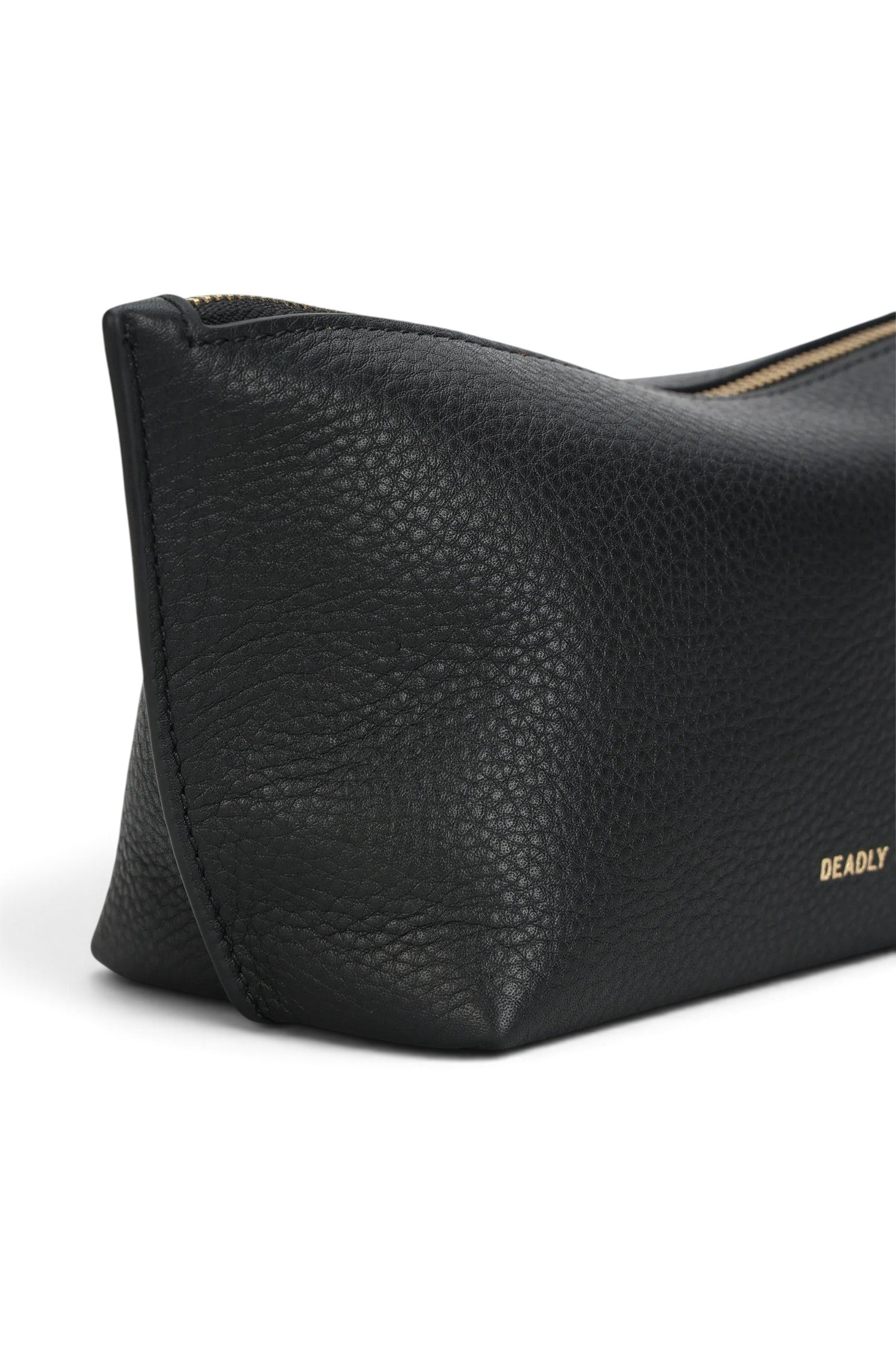 ELSHAM BOUTIQUE black calf nappa leather medium poucher with brass zip closure and gold foil logo detail