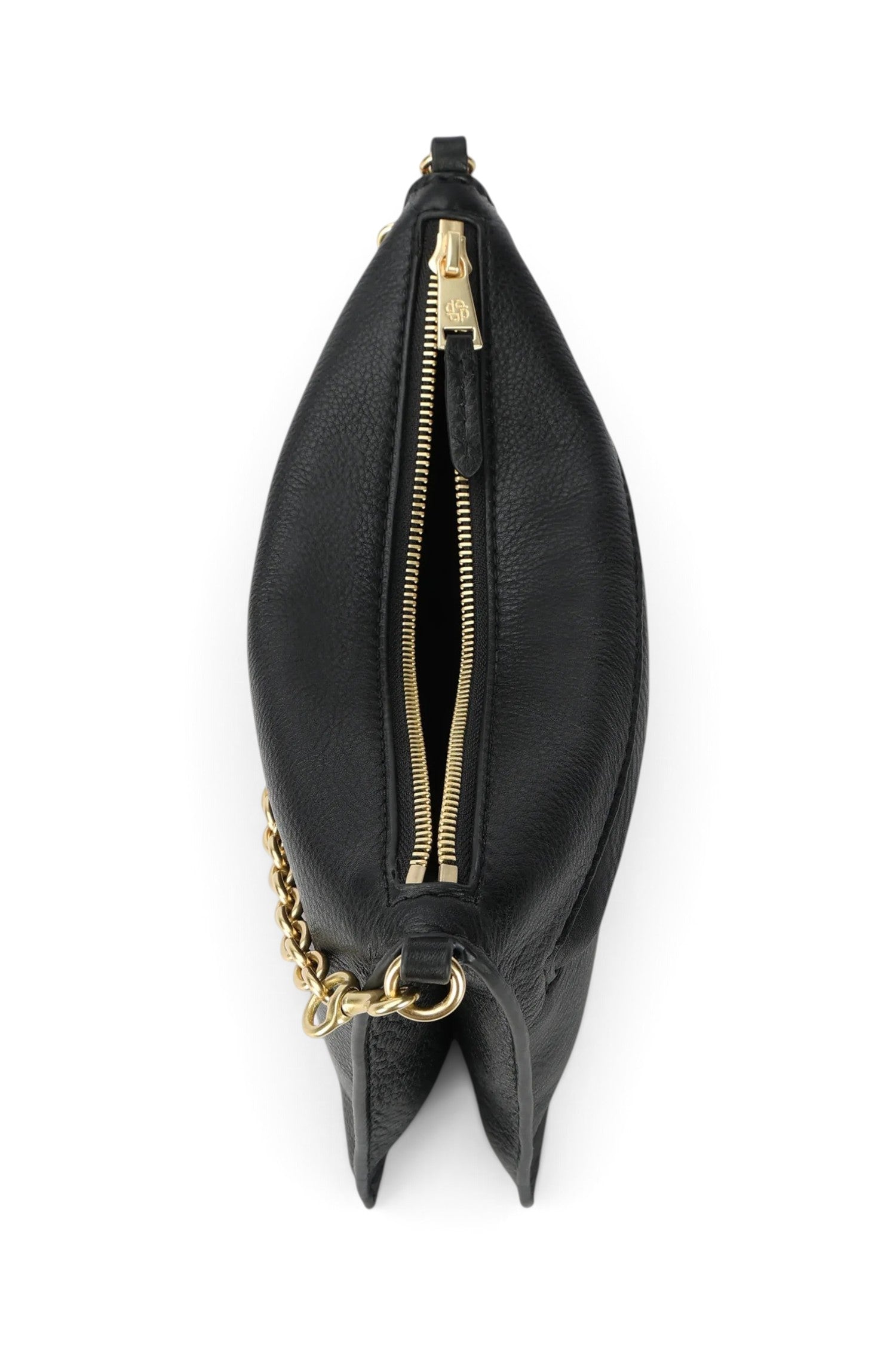 ELSHAM BOUTIQUE black calf nappa leather Siamese bag featuring a gold brass zip closure and detachable chain handle