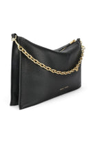 ELSHAM BOUTIQUE black calf nappa leather Siamese bag with a detachable gold brass chain handle and zip closure.
