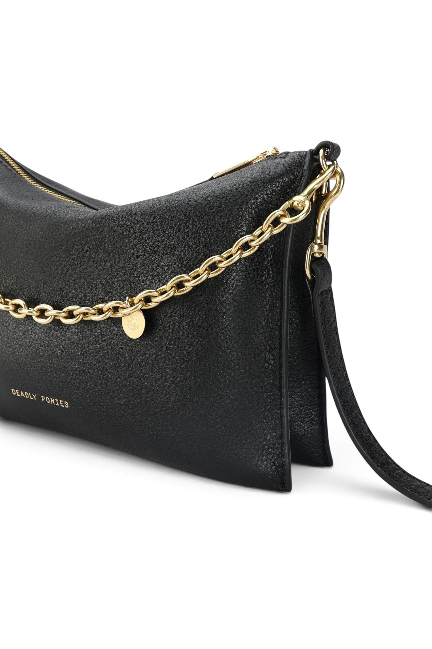 ELSHAM BOUTIQUE black calf nappa leather Siamese bag with gold brass chain handle and adjustable shoulder strap