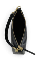 ELSHAM BOUTIQUE black calf nappa mini sling bag with brass zip closure and detachable handle, top-down view
