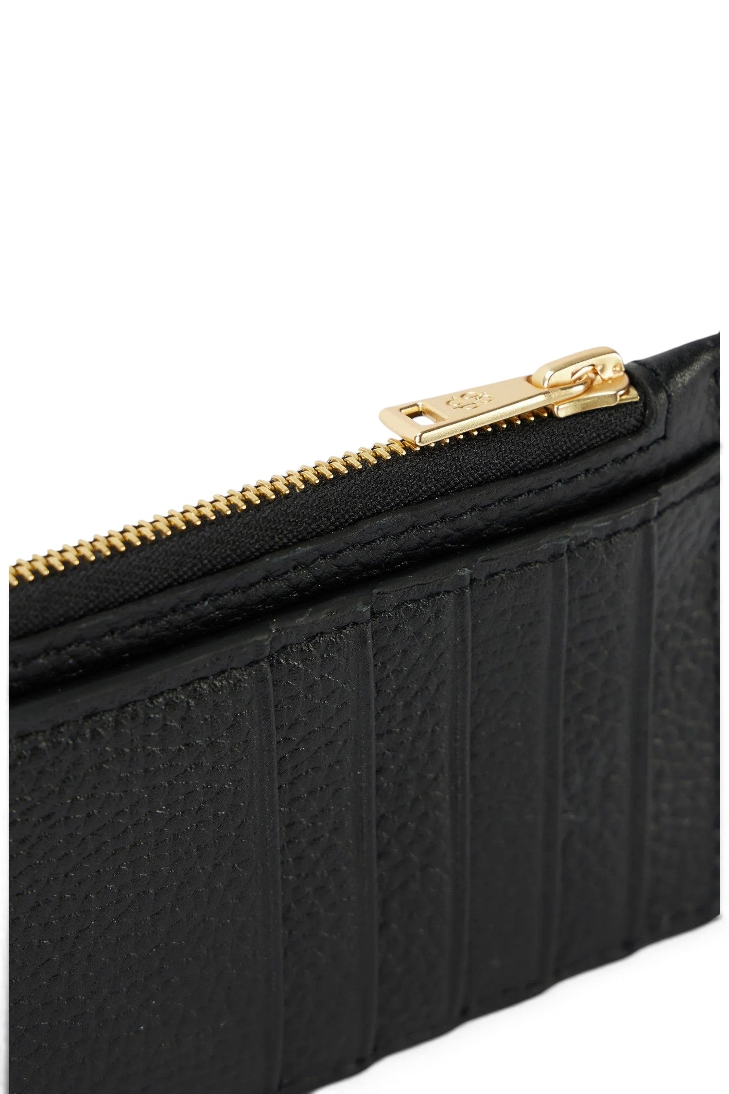 ELSHAM BOUTIQUE black grained calf leather zip card holder with polished brass hardware and card slots