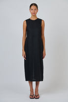 ELSHAM BOUTIQUE GA735 black sleeveless midi dress in 100% linen with a round neckline and fitted bodice