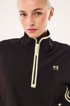 ELSHAM BOUTIQUE Echo quarter zip jacket in black bean with contrast light yellow binding and front zipper detail
