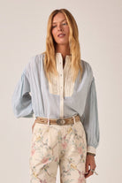 ELSHAM BOUTIQUE Bonifacio shirt in light blue pinstripe cotton with cream embroidered yoke and balloon sleeves