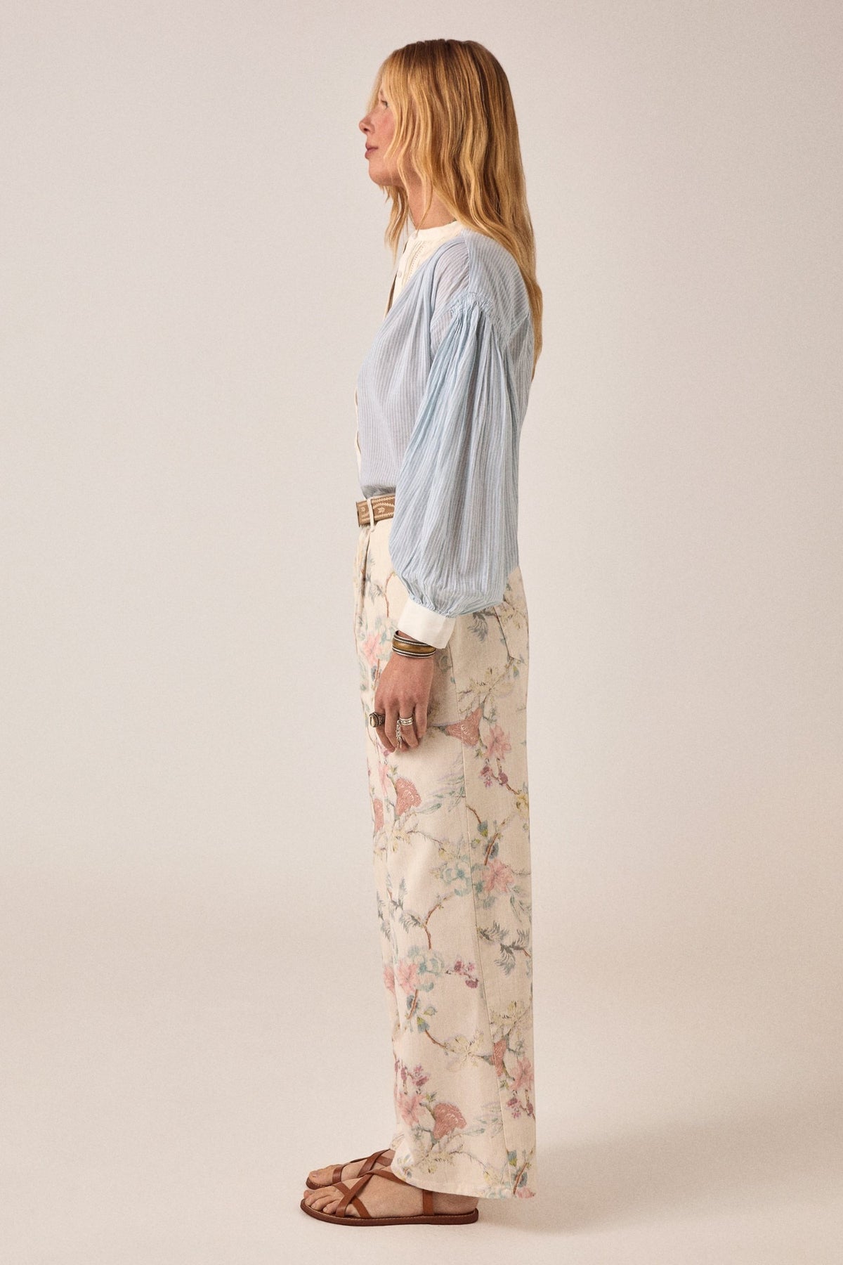 ELSHAM BOUTIQUE Bonifacio shirt in light blue pinstripe cotton with cream embroidered yoke and balloon sleeves