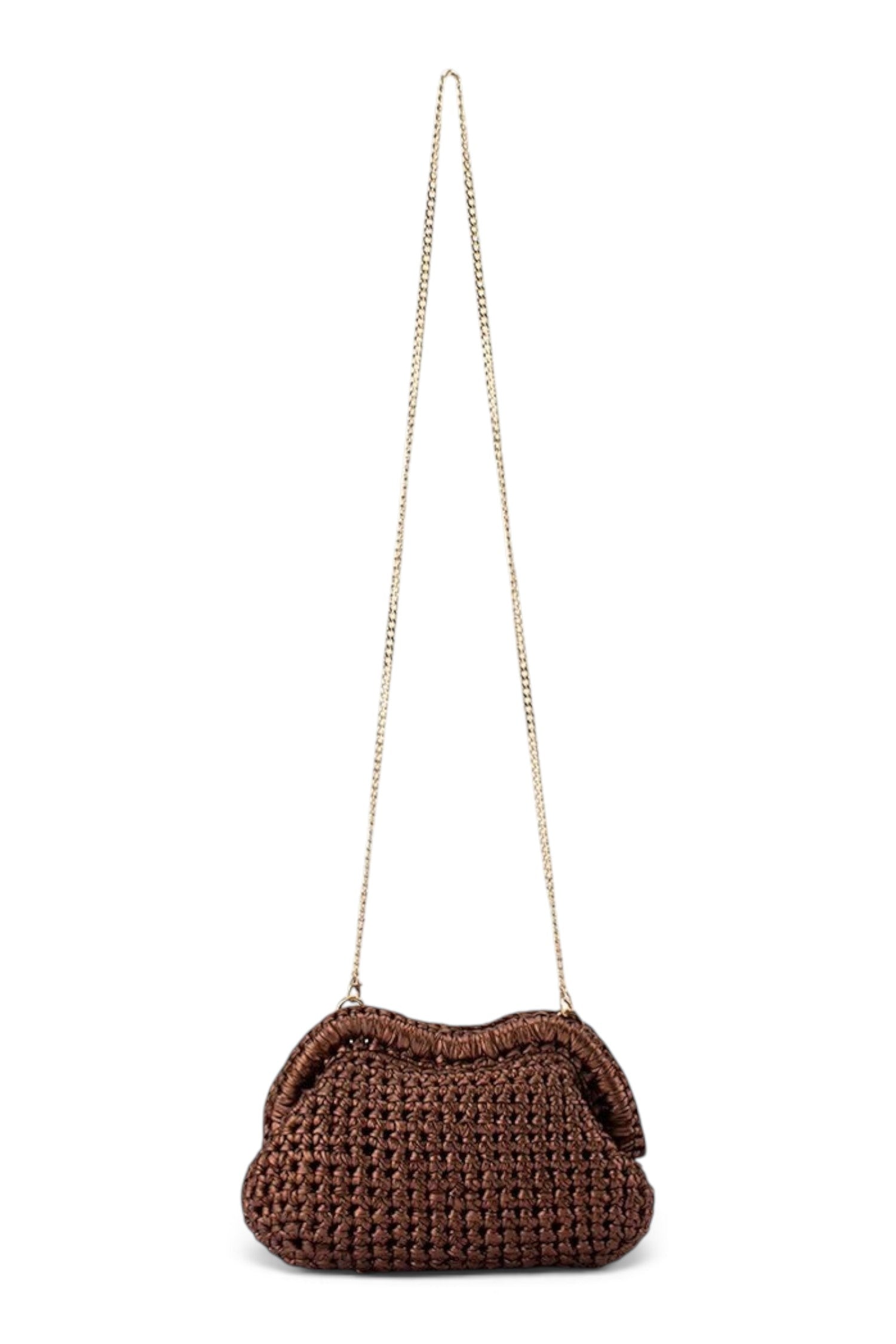 ELSHAM BOUTIQUE Taylor bronze metallic crochet clutch with a gold chain shoulder strap and frame closure.