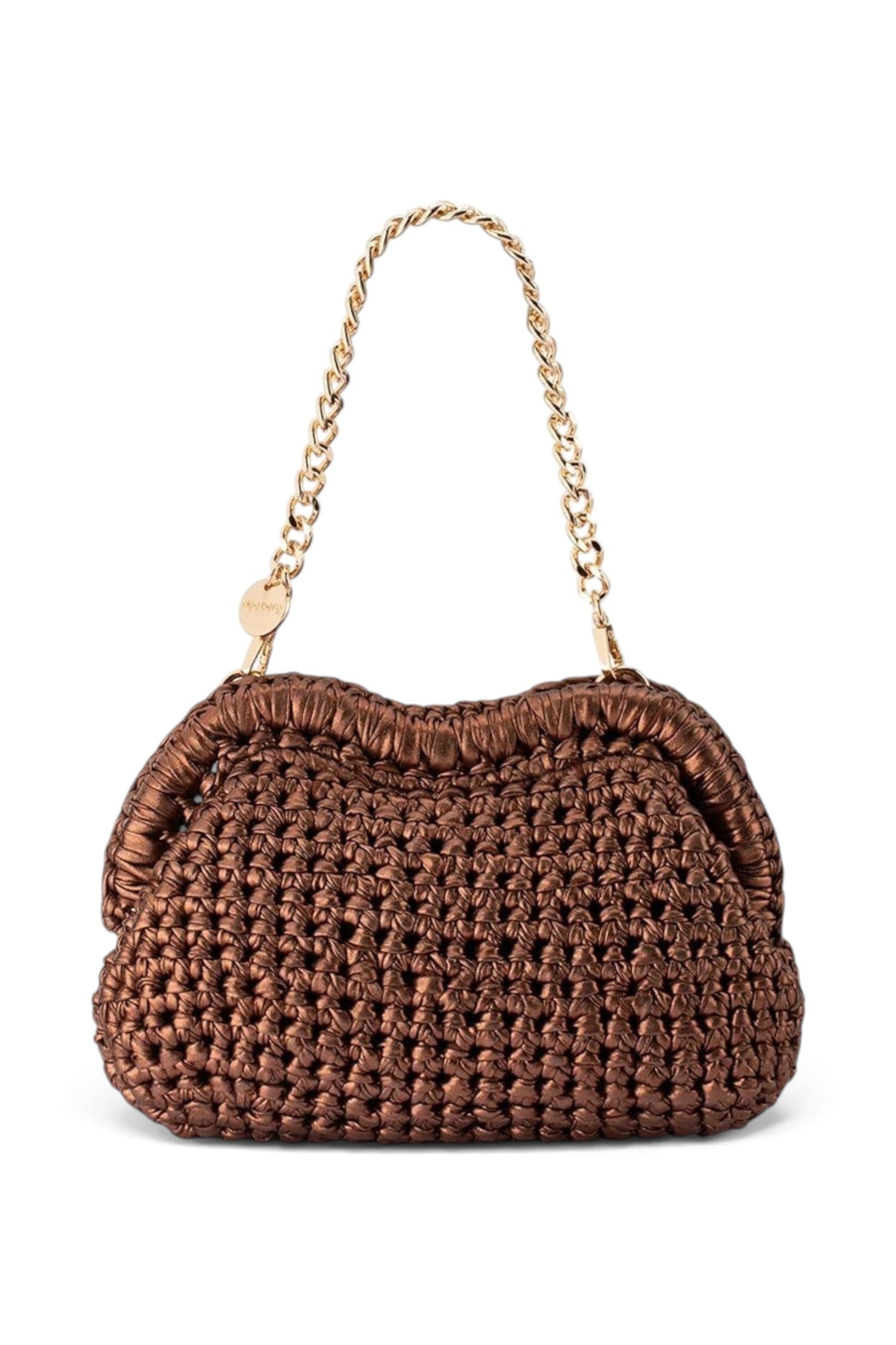 ELSHAM BOUTIQUE Taylor bronze metallic crochet clutch with gold chain handle and frame closure