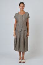 ELSHAM BOUTIQUE GA504 brown striped linen button down top with round neckline and short sleeves worn with matching skirt