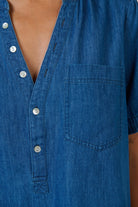 ELSHAM BOUTIQUE GA693 chambray linen blouse featuring a V-neck, button placket, and chest pocket in blue denim.