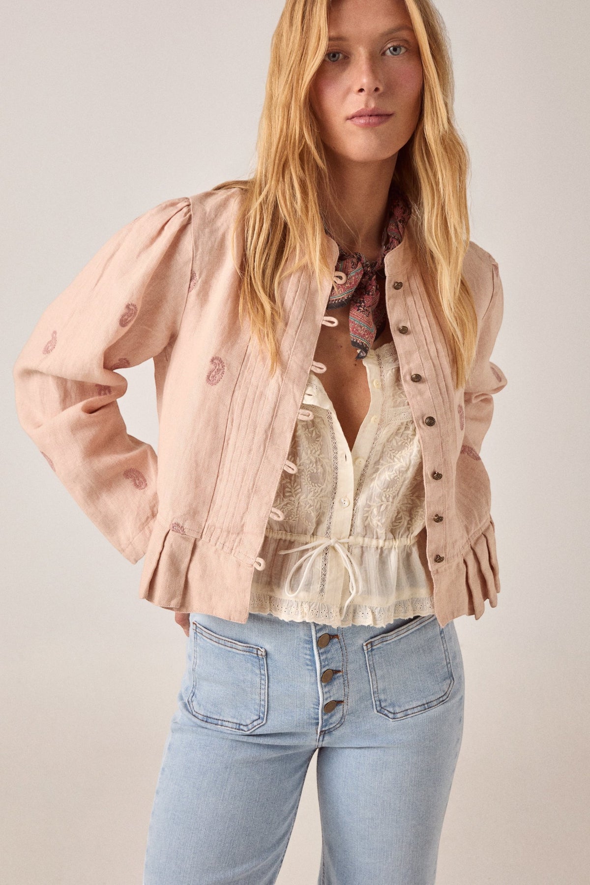 ELSHAM BOUTIQUE Constanza ivory cotton top with lace panel and drawstring waist worn under a pink jacket