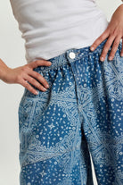ELSHAM BOUTIQUE Daddios low waist jeans in Aegean Paisley Blue featuring a wide leg fit and 100% cotton denim.