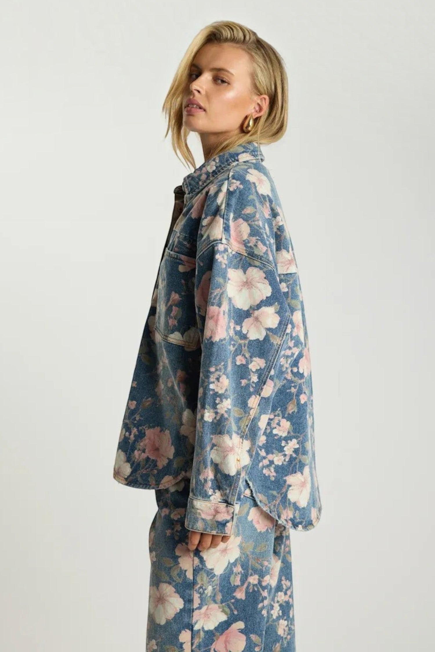 ELSHAM BOUTIQUE oversized Daria denim shacket in Cobaine Blue with all-over pink and white floral print