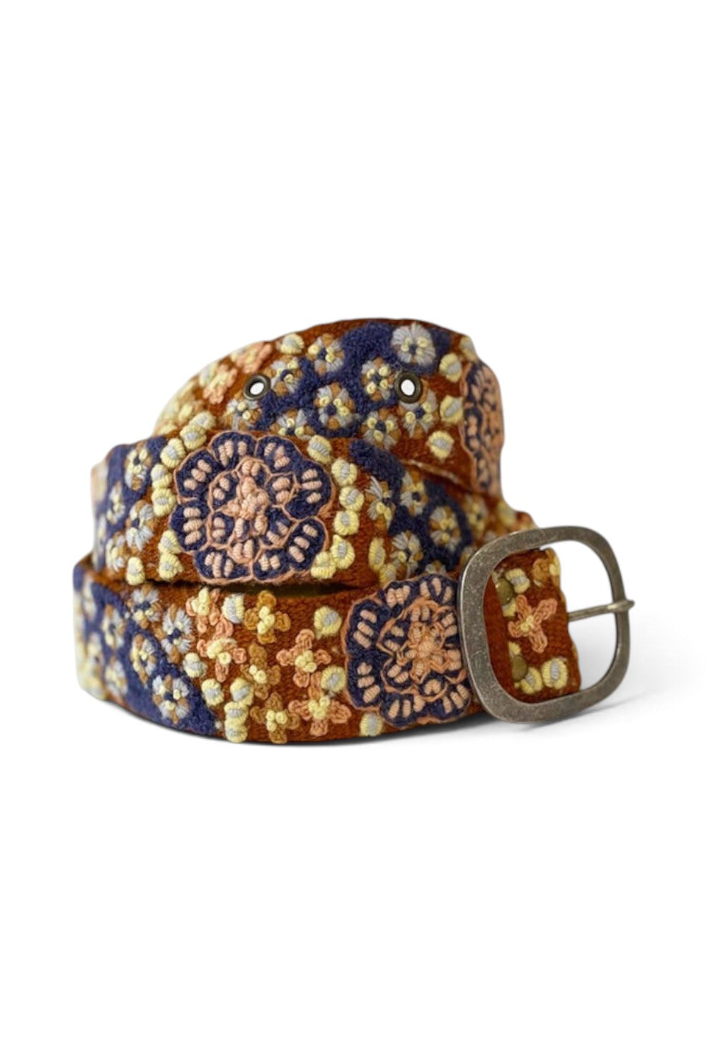 ELSHAM BOUTIQUE wool belt featuring intricate blue and yellow floral embroidery and a rustic metal buckle.