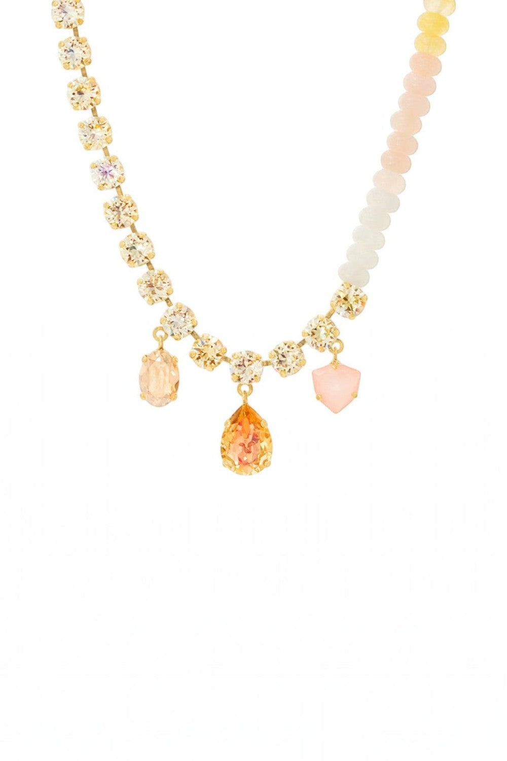 ELSHAM BOUTIQUE Glitterbelle peachfuzz crystal and bead necklace on antique gold plated brass