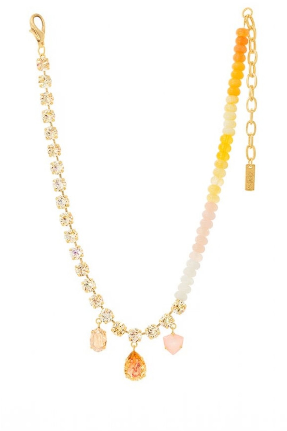 ELSHAM BOUTIQUE Glitterbelle necklace in peachfuzz with crystals, beads, and antique gold plated brass accents.