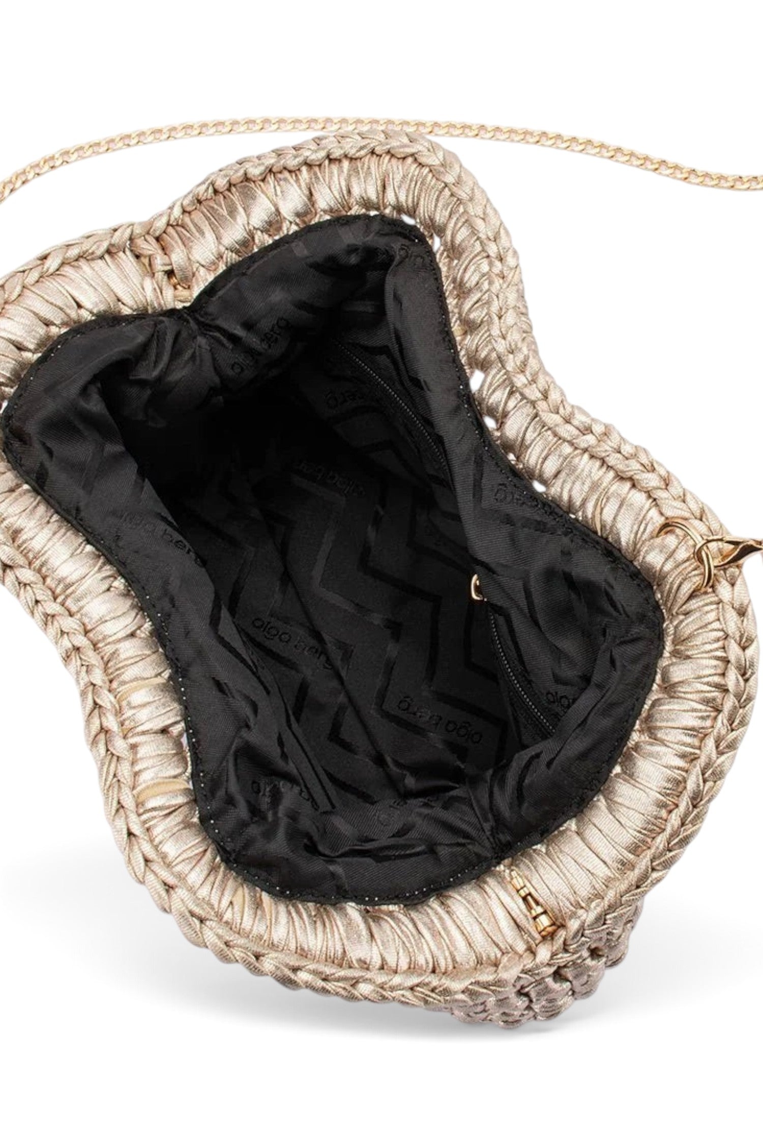 ELSHAM BOUTIQUE Taylor gold metallic crochet clutch bag with open interior and detachable shoulder chain