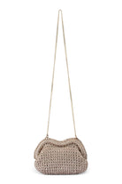 ELSHAM BOUTIQUE Taylor gold metallic crochet clutch bag with a long shoulder chain and frame closure.