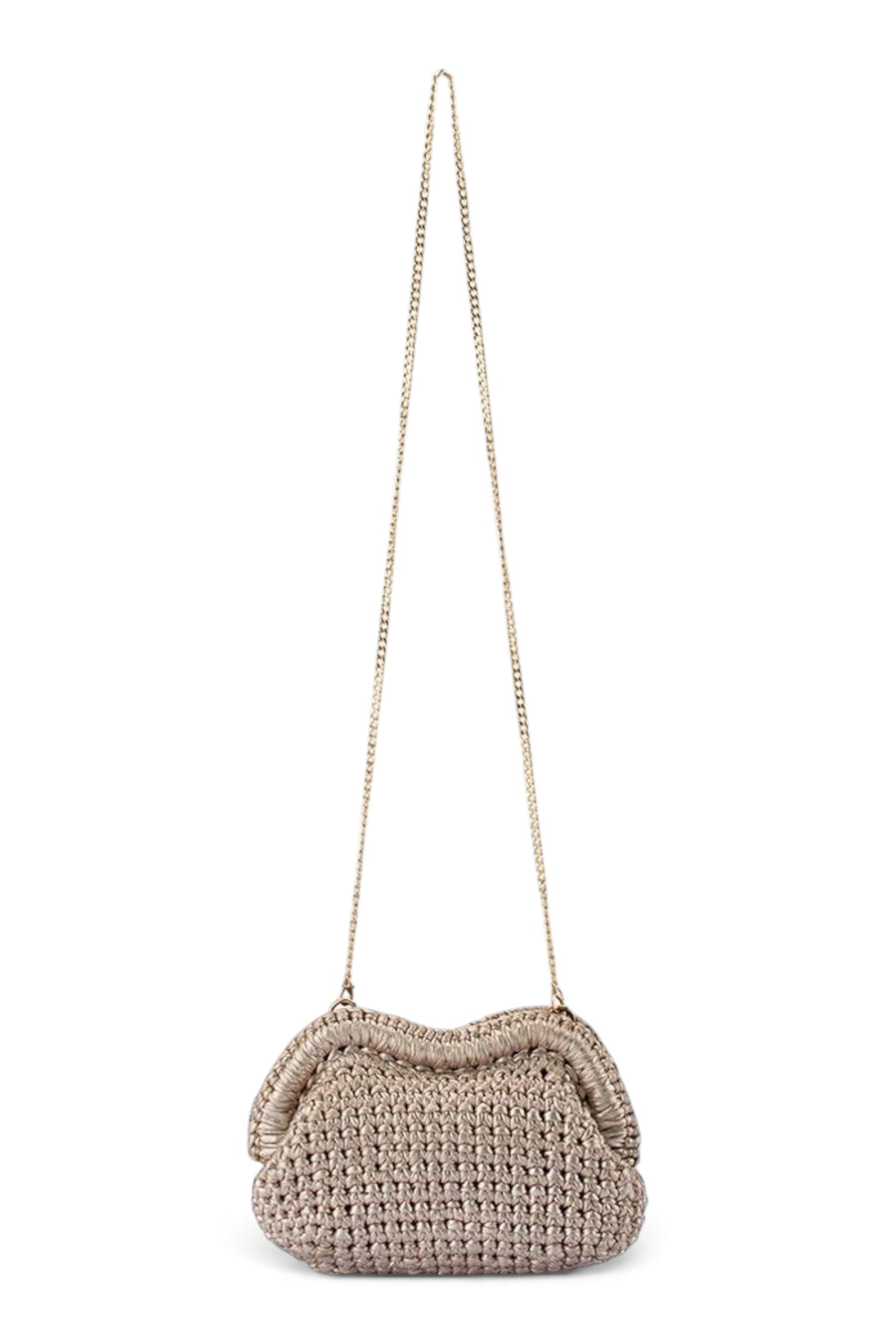 ELSHAM BOUTIQUE Taylor gold metallic crochet clutch bag with a long shoulder chain and frame closure.
