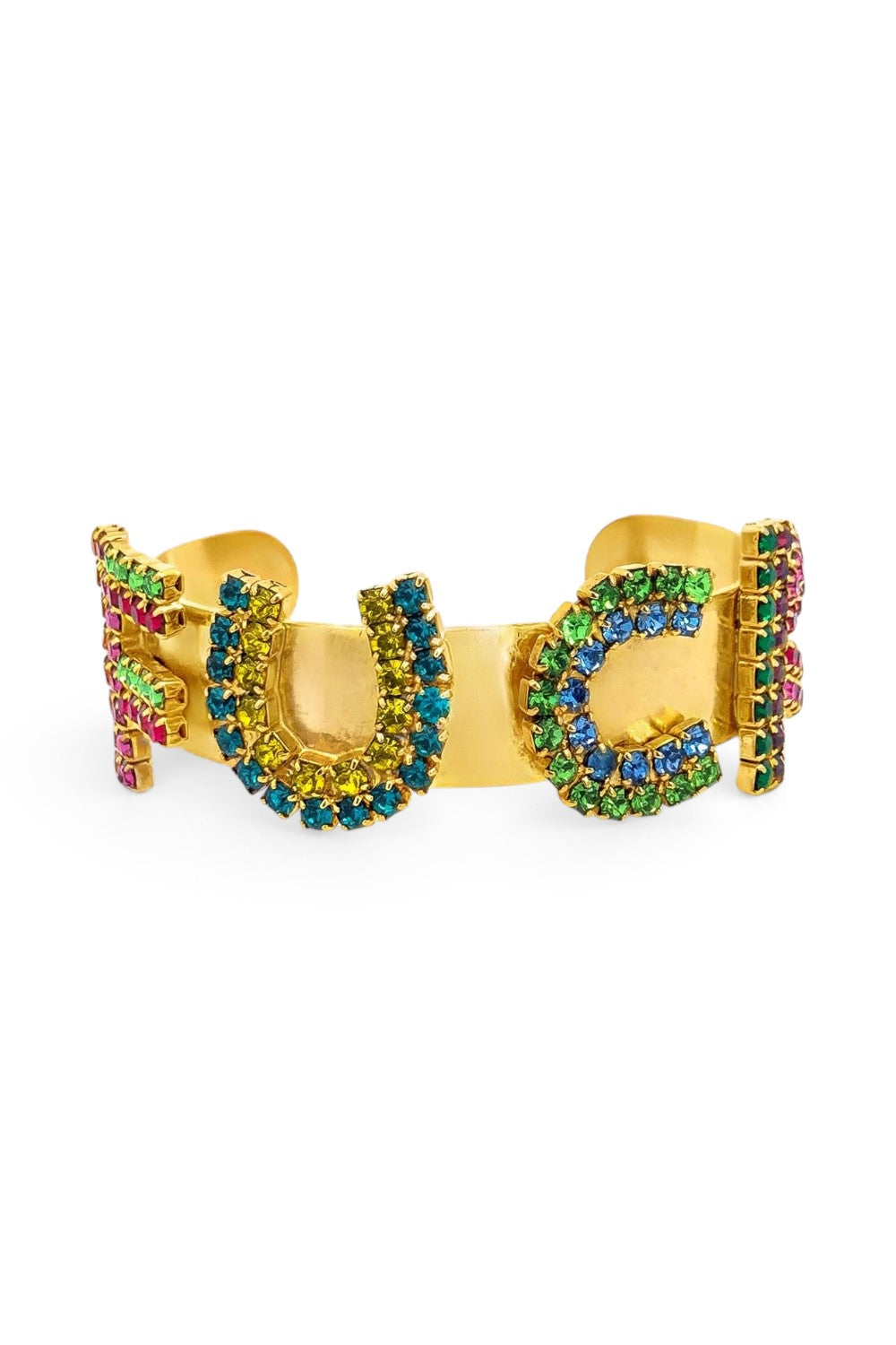 ELSHAM BOUTIQUE antique gold plated brass cuff bracelet featuring colorful crystal-embellished FU CUFF lettering