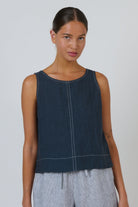 ELSHAM BOUTIQUE GA716 sleeveless linen top in gunsmoke grey with white contrast stitching and a round neckline