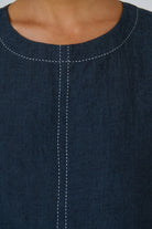 ELSHAM BOUTIQUE GA724A Neat Top in gunsmoke linen featuring a round neckline and white contrast topstitching detail