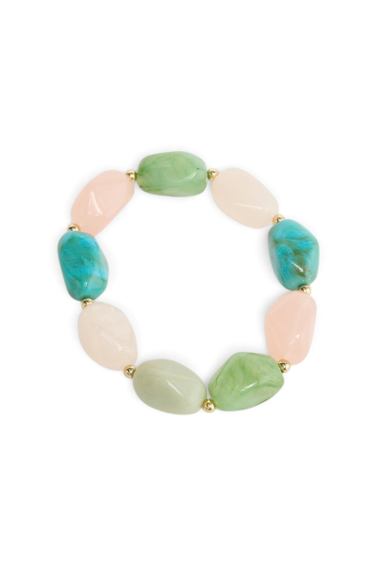 ELSHAM BOUTIQUE Havana stretch bracelet featuring multi-colored resin beads in blush, green, and gold-tone accents.