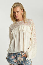 ELSHAM BOUTIQUE ivory cotton blouse with sheer lace sleeves, high neckline, and romantic frill detailing