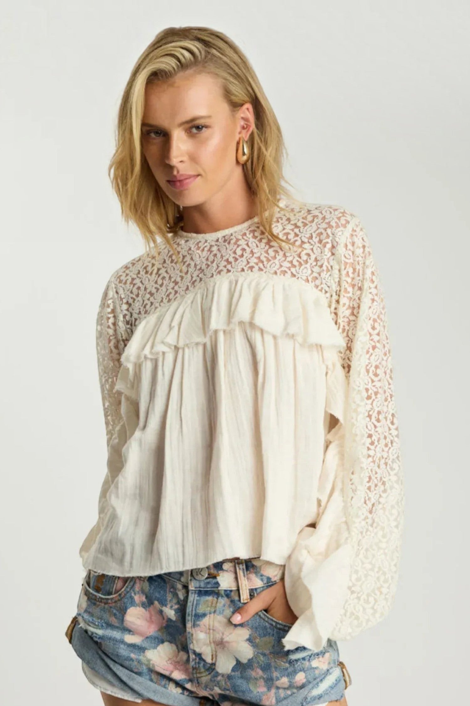 ELSHAM BOUTIQUE ivory cotton blouse with sheer lace sleeves, high neckline, and romantic frill detailing