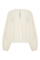 ELSHAM BOUTIQUE ivory cotton blouse with sheer lace yoke, long sleeves, and romantic frill detailing.