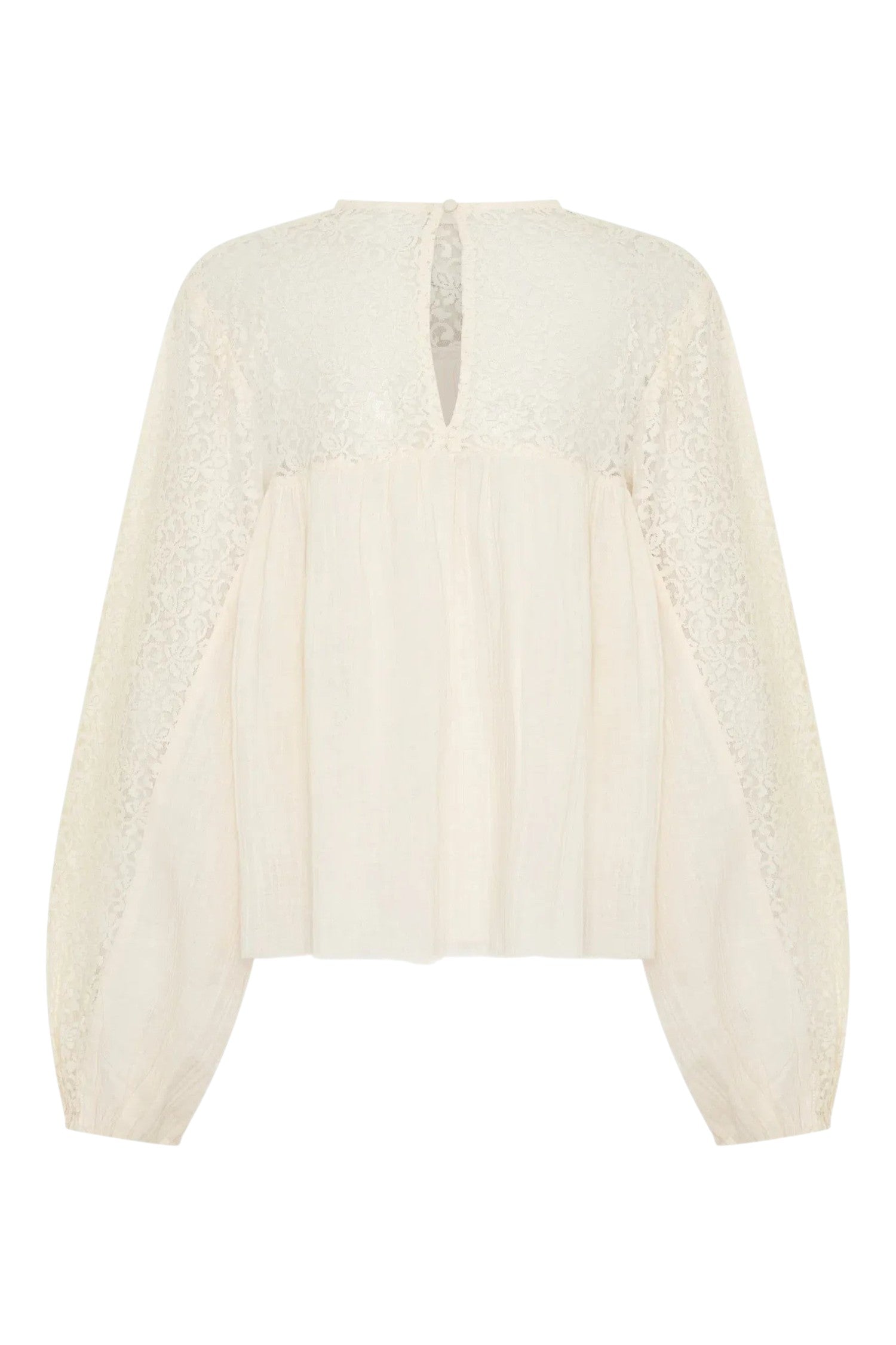 ELSHAM BOUTIQUE ivory cotton blouse with sheer lace yoke, long sleeves, and romantic frill detailing.